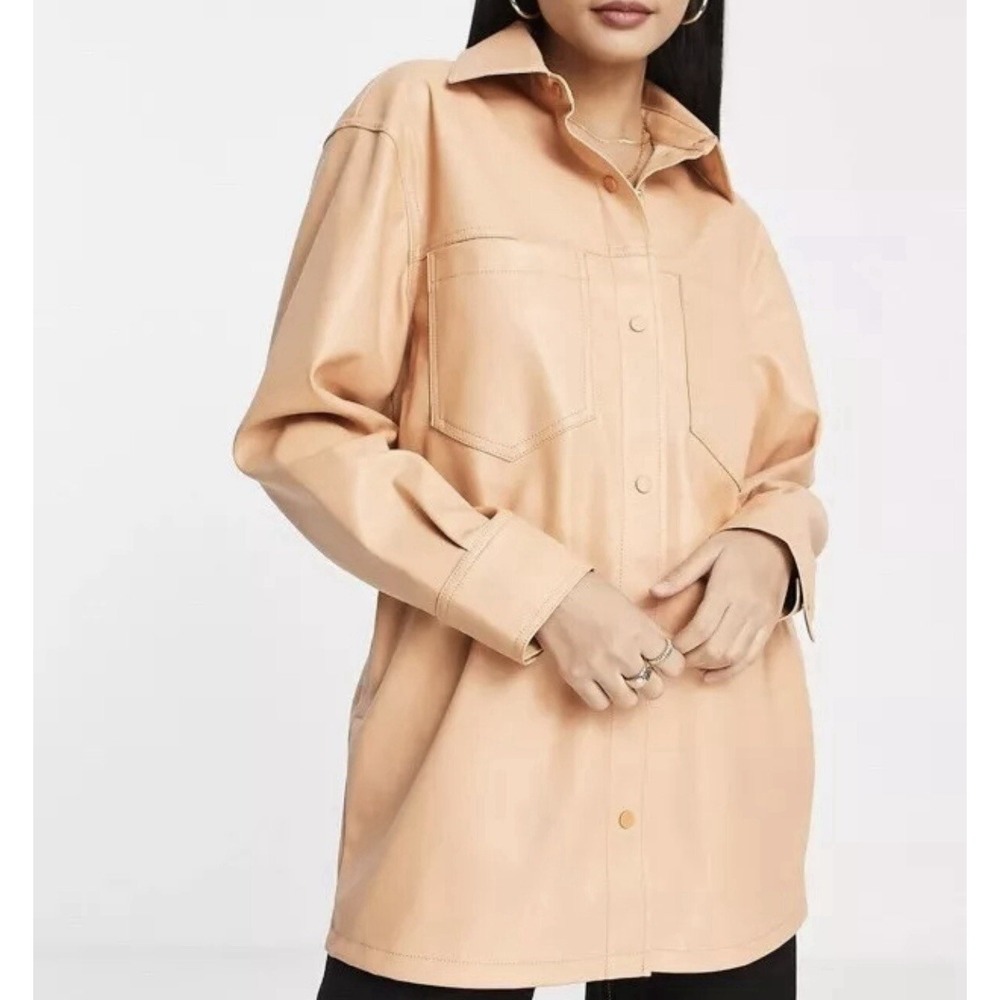 Topshop Faux Leather Shirt Jacket Shacket Peach Pink Oversized Womens Size 2 NEW